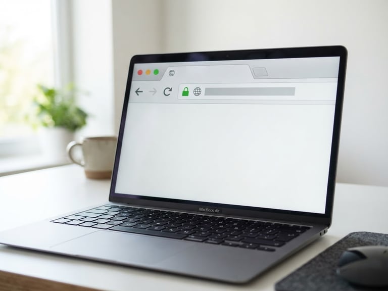 Detail of a modern laptop screen showing a secure web browser address bar with a green padlock icon, clean minimalist workspace, bright daylight, 50mm lens