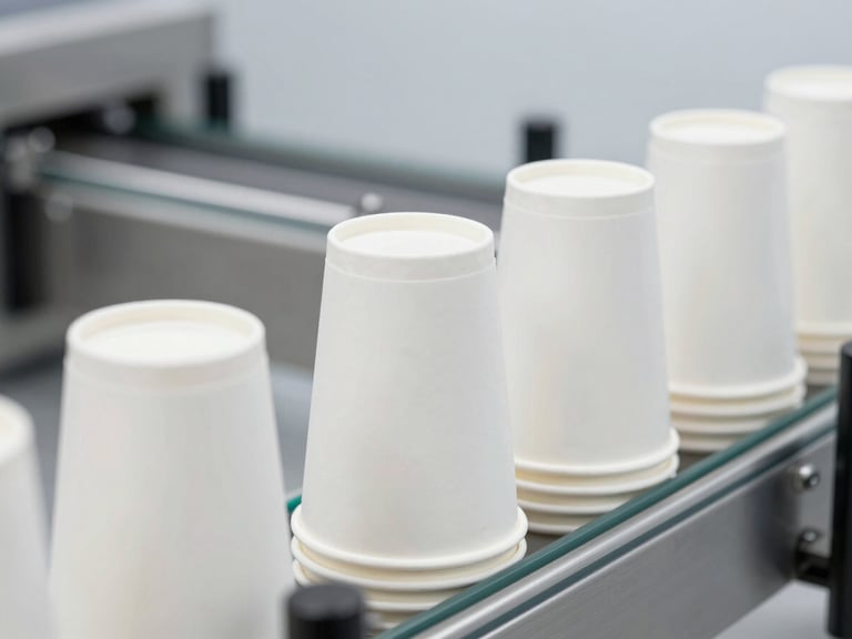 Crisp industrial product photography of neatly stacked food-grade paper cups on an automated conveyor line, bright high-key studio lighting, clean white and cool gray tones.