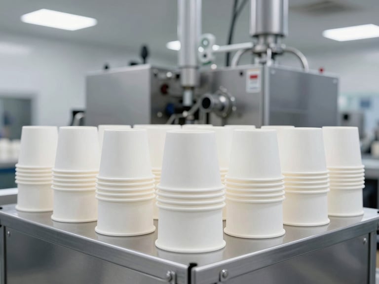 Wide shot of a clean, brightly lit automated packaging manufacturing facility with neatly stacked food-grade paper cups, cool gray tones, industrial studio lighting.