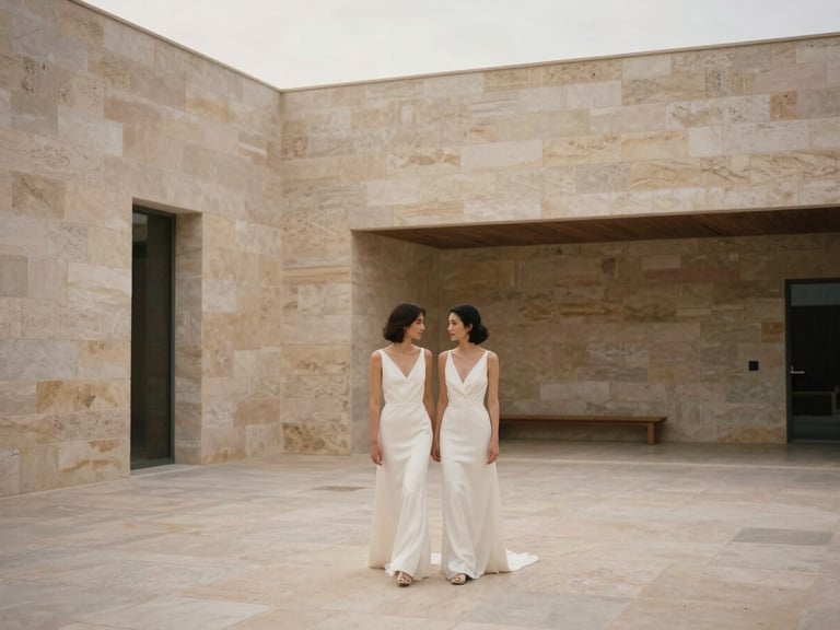 Editorial medium shot of a contemporary couple in minimalist bridal attire, walking through a modern architectural stone courtyard in Spain, soft diffused overcast daylight, warm neutral tones, 35mm film