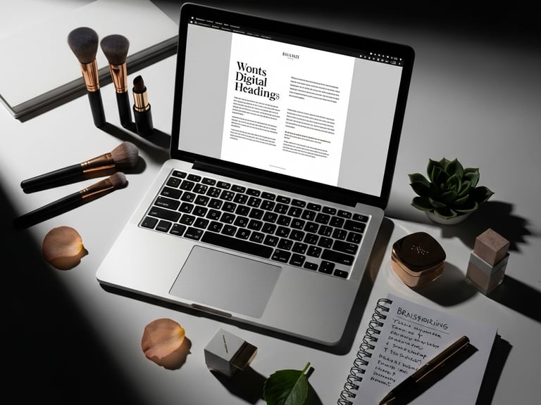 Laptop displaying a digital design document on a desk with makeup brushes and a notebook.
