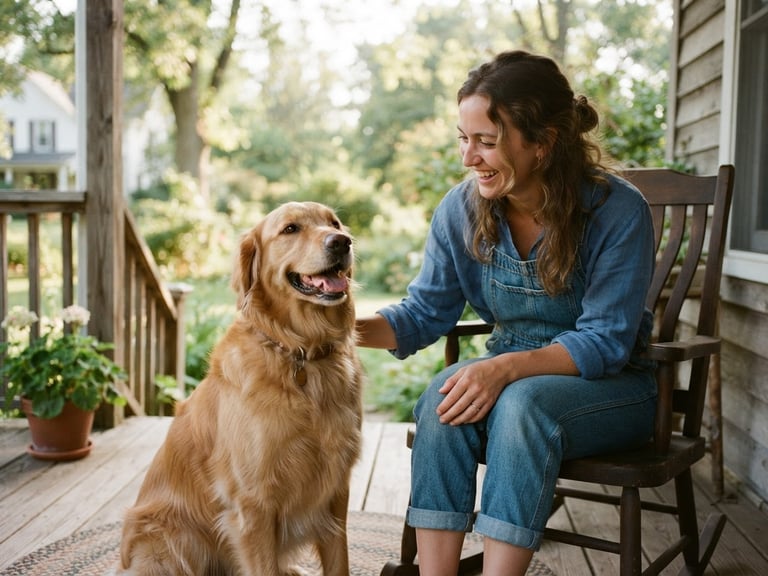 Candid eye-level shot of a happy golden retriever sitting beside an Indiana pet owner on a porch, warm natural daylight, soft focus, 35mm