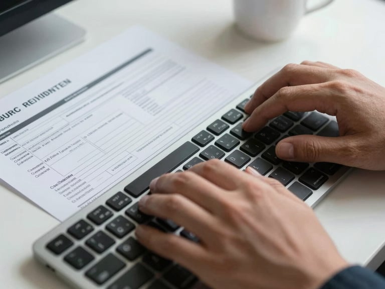 Close-up of hands typing on a keyboard beside a printed insurance claim form on a desk, overhead office lighting, a coffee cup partially visible at the edge, focus sharp on the document and fingers — the unglamorous detail of daily billing work