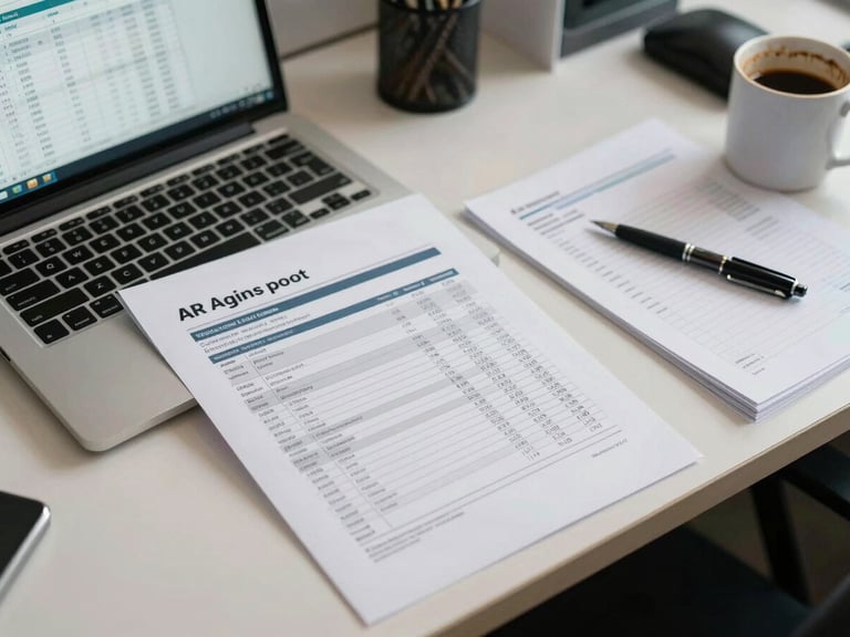 Overhead shot of a cluttered office desk with an AR aging report printout, a laptop showing a spreadsheet, a pen resting on paper, and a half-empty coffee mug — fluorescent office lighting, no people, the workaday reality of practice billing management