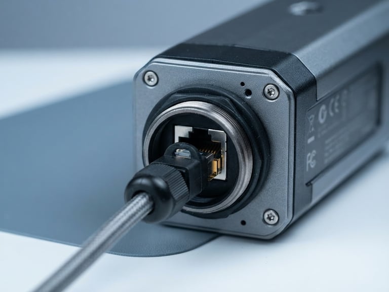 A crisp macro shot of a weatherproof outdoor IP security camera, showing the sealed RJ45 PoE port, clean studio lighting with subtle blue-toned fills, sharp focus on hardware details.