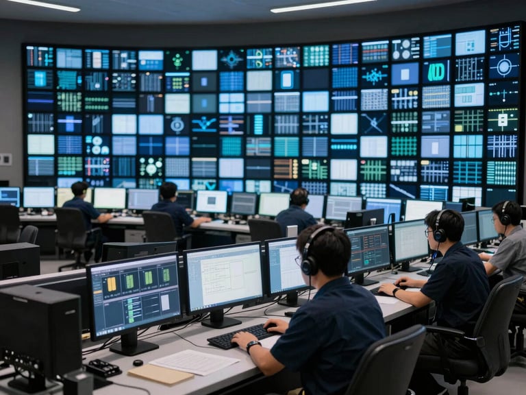 Wide environmental shot of a high-density live production control room with a glowing monitor wall and cool blue screen glows, an engineer in headsets focused on screens in the foreground.