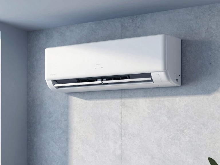 Crisp editorial photography of a modern minimalist living room with a sleek white split-system air conditioner flush-mounted on a concrete wall, bright natural daylight, cool blue tones, 35mm