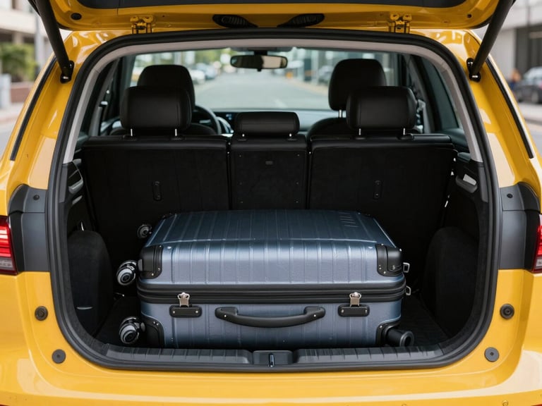 Close-up of a modern yellow taxi trunk open, clean interior, suitcase placed inside, bright natural daylight, professional photography