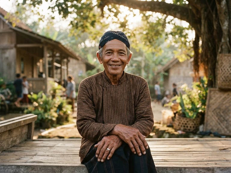 A warm documentary portrait of a Sundanese village elder smiling gently, eye-level medium shot, soft golden-hour sunlight filtering through trees, authentic 35mm film aesthetic