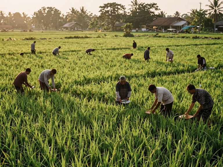 Dokumentasi hangat petani Jawa Barat bergotong royong di sawah hijau subur, cahaya matahari sore keemasan, estetika film 35mm
