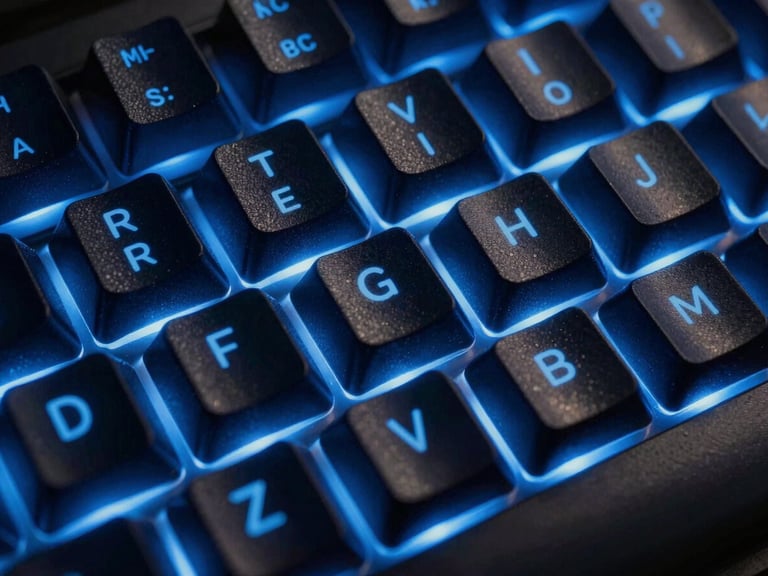 Extreme close-up of a high-end mechanical keyboard illuminated by electric blue rim light, code lines softly reflected on dark glass, sharp focus, cinematic composition.