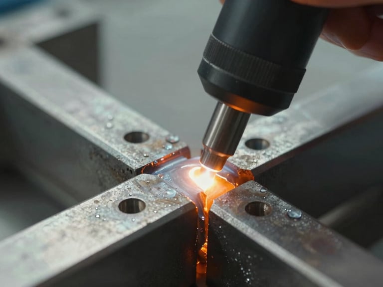 Extreme close-up of a steel weld joint being scanned with an ultrasonic non-destructive testing probe, sharp orange light reflecting off the metallic texture.