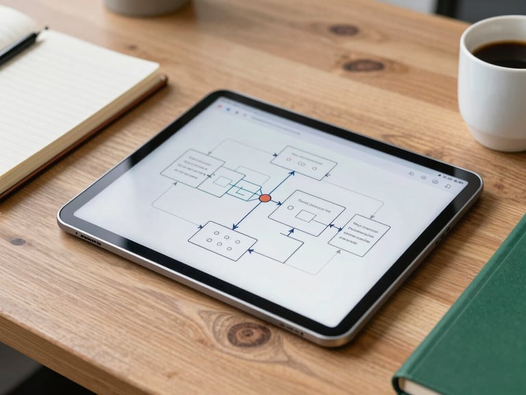 Close-up of a rustic wooden desk with a modern tablet displaying operational flowcharts, notebook, and a coffee cup, bright natural daylight