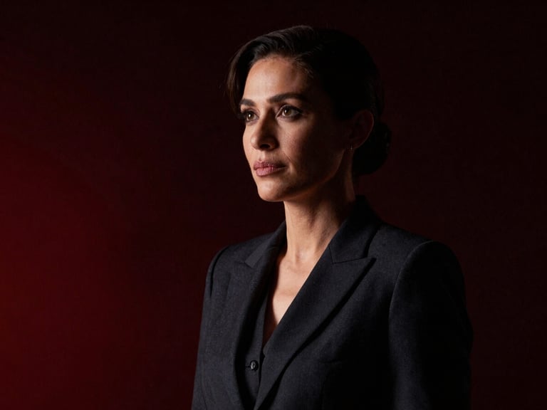 Cinematic portrait of a charismatic female CEO in a dark tailored suit, looking thoughtfully off-camera, dramatic side lighting, dark background with subtle red reflections.
