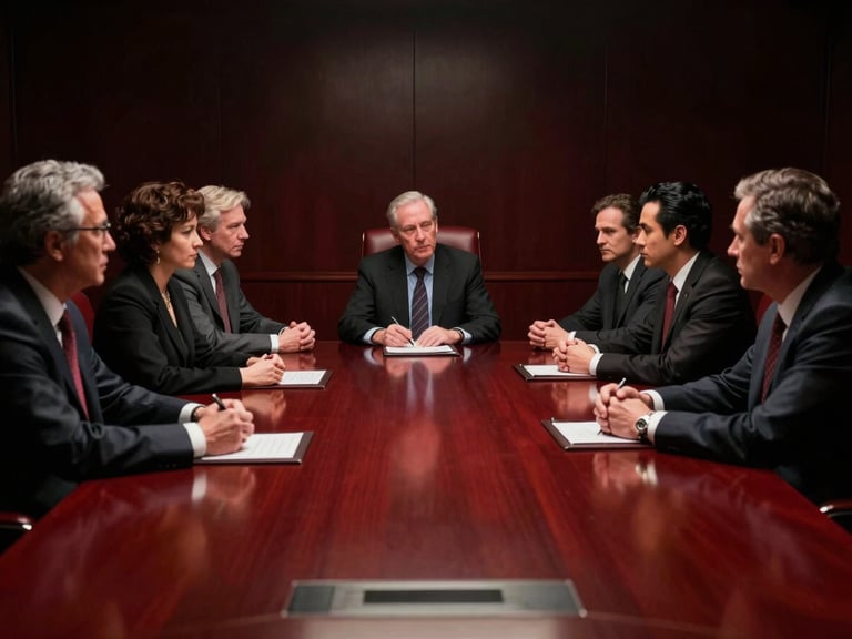 Cinematic wide shot of a dark executive boardroom, dramatic low-key chiaroscuro lighting, a group of diverse business leaders in deep discussion, sharp rim lighting, rich crimson accents, 35mm film.