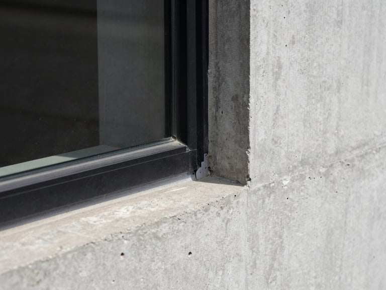 Extreme close-up of a raw concrete wall meeting a minimal black metal window frame, sharp natural light, high-contrast shadows, architectural detail, desaturated tones