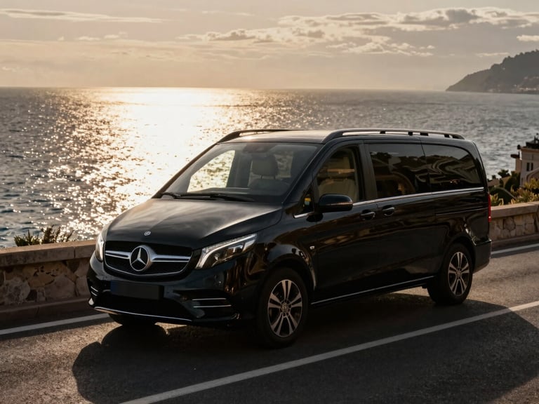 Exterior shot of a black Mercedes-Benz V-Class driving along the coastal road between Nice and Monaco, dramatic low-key lighting, sea in the background, anamorphic lens