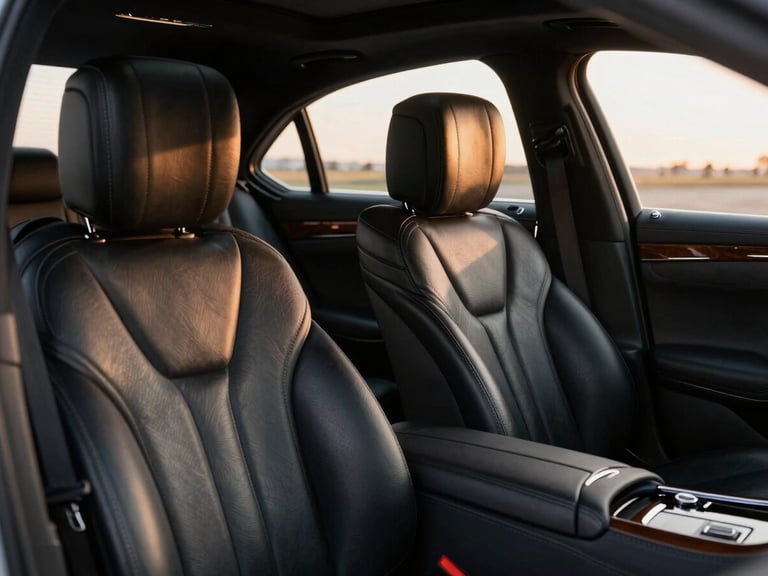 Interior of a Mercedes-Benz S-Class, close-up of pristine black leather seats, polished wood trim, ambient warm lighting, soft golden hour glow through the window, luxury editorial style
