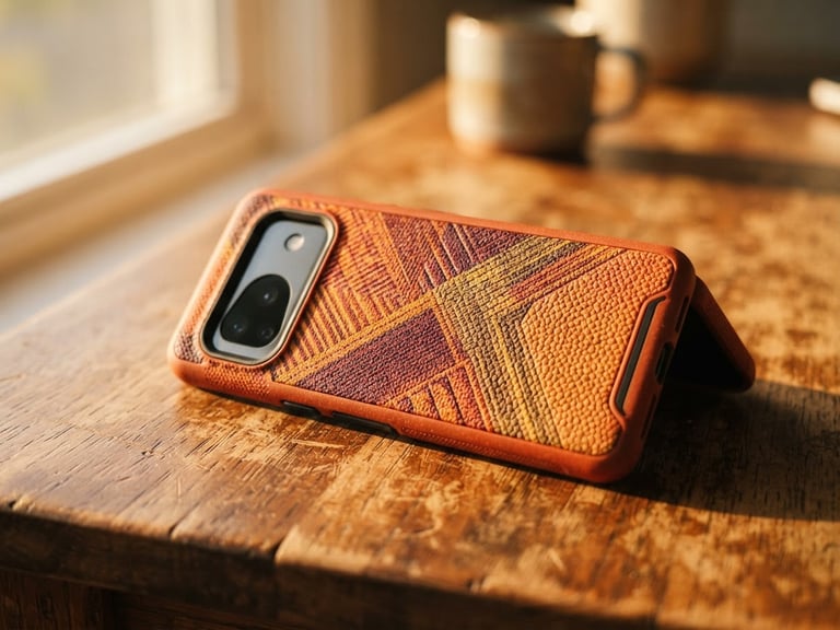 Close-up of a high-tech phone case with vibrant warm colors and tactile texture, resting on a sunlit wooden desk, shallow depth of field, golden hour window light, rich saturated tones.