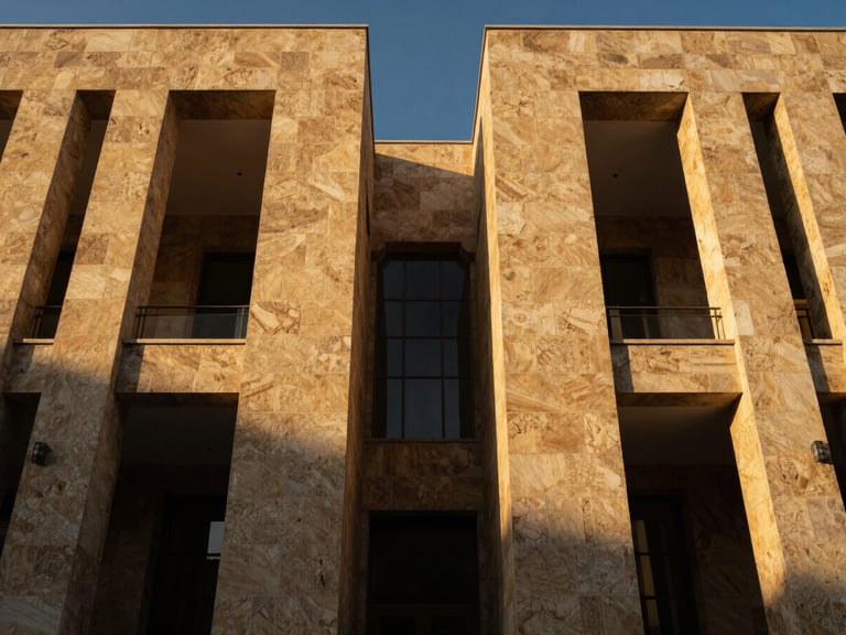 Symmetrical low-angle architectural shot of a modern stone facade in Damascus at golden hour, deep shadows, rich gold highlights, elegant editorial photography