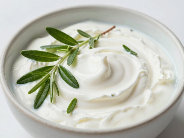 Macro shot of fresh green Mediterranean herbs and Greek yogurt in a simple ceramic bowl, bright natural morning light, clean clinical aesthetic