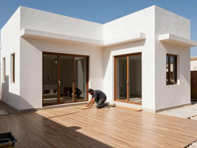 Modern interior renovation in progress in Morocco, featuring clean lines and natural daylight, a skilled craftsman installing flooring, 35mm