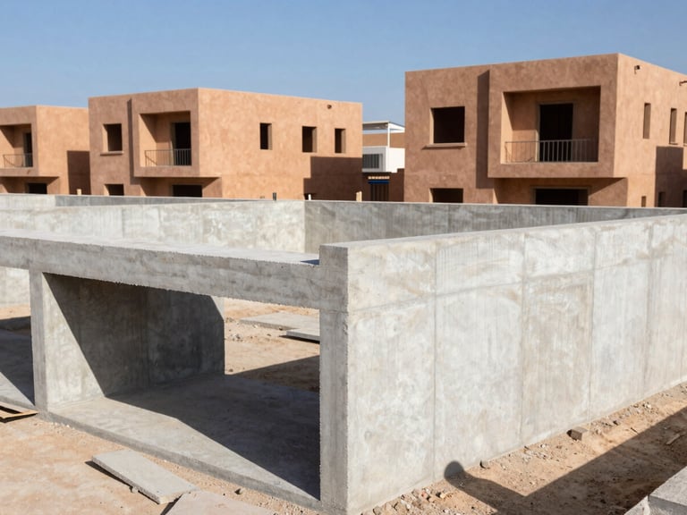 Clean structural concrete work on a Moroccan construction site, bright direct sunlight casting sharp shadows, professional and precise, 35mm