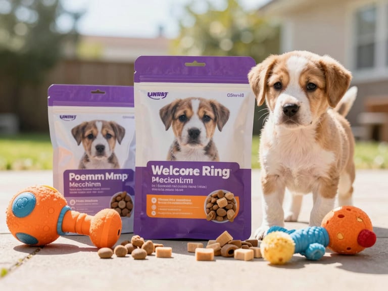 Curated welcome kit for a new puppy, including premium food, a stylish toy, and healthy treats, bright natural daylight, warm cheerful undertones, shallow depth of field, 35mm