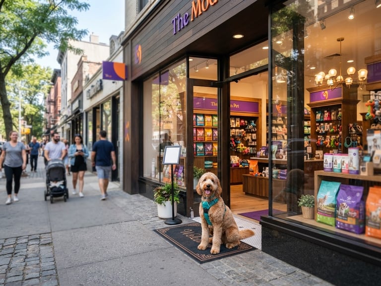 Vista exterior de una moderna boutique de mascotas en una calle animada, con grandes ventanales que muestran productos premium y un perro feliz en la entrada. Luz natural brillante, acentos vibrantes morados y naranjas, poca profundidad de campo, 35mm.