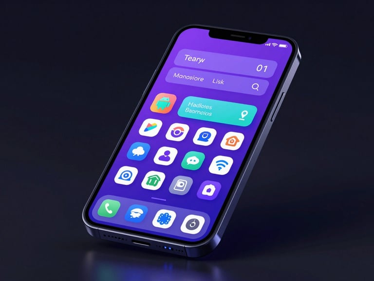 Sleek 3D render of a smartphone displaying a gesture-driven custom Android launcher, glowing violet and cyan interface elements, dark studio background, ultra-detailed UI