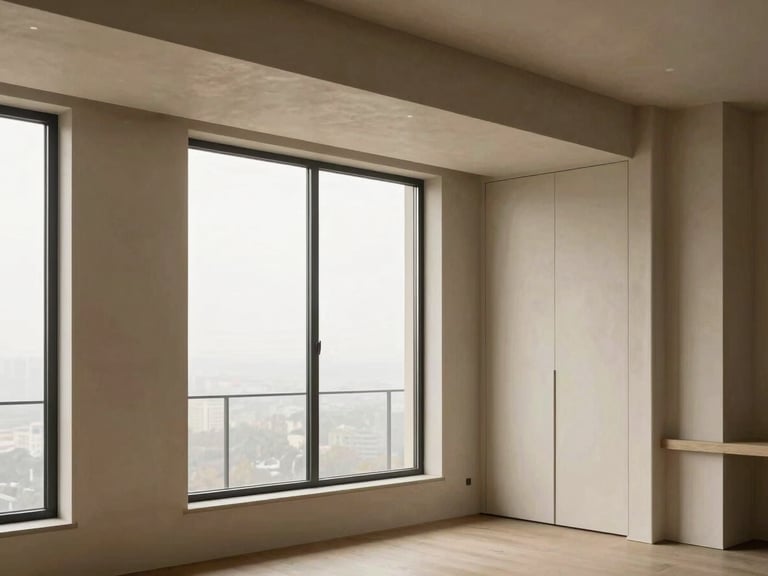 Architectural photography of a penthouse living room with expansive windows, soft beige plaster walls, custom minimalist joinery.