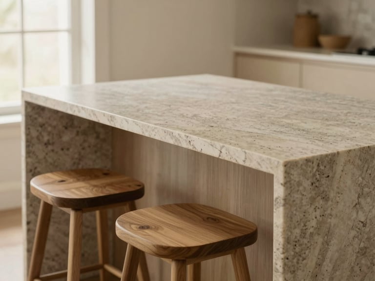 Detail shot of a custom kitchen island made of honed travertine stone, paired with warm oak stools, soft natural light.