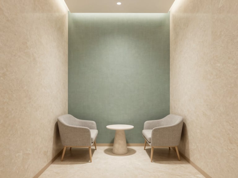 Minimalist interior of a clinical consultation room, warm travertine walls, soft sage green linen accent, elegant modern furniture, diffused lighting
