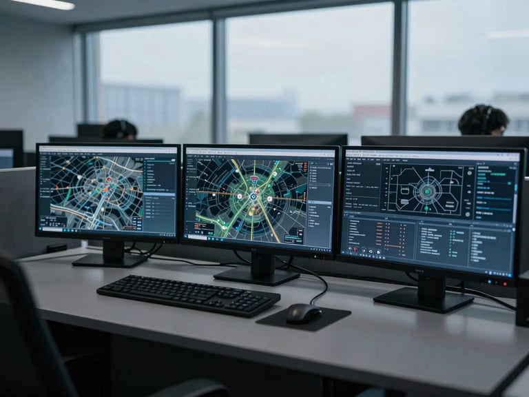 Low-key office command center, multiple monitors displaying tactical maps and data, cool-toned directional lighting, deep charcoal and steel blue tones. Sharp focus, 35mm lens.