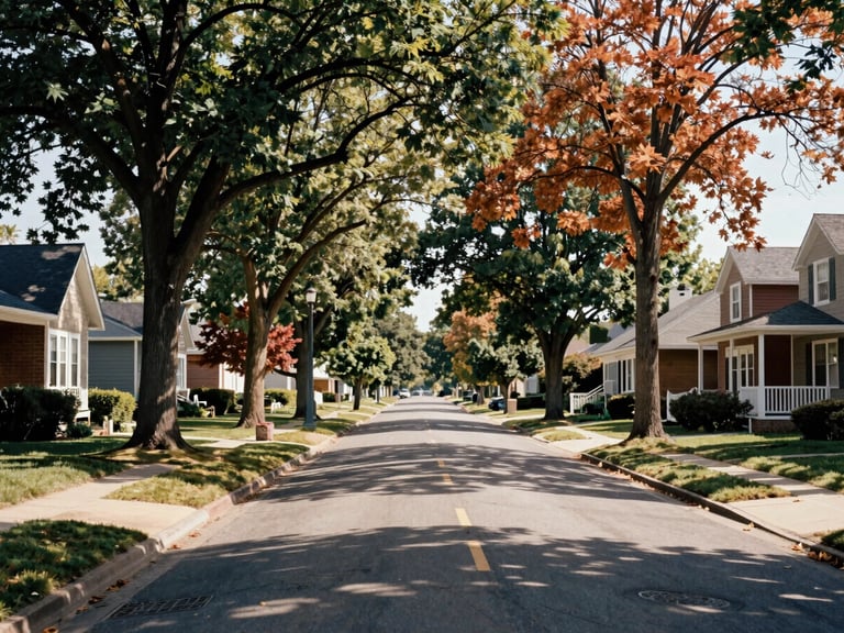 Warm editorial shot of a quiet tree-lined residential street in Rockford, natural daylight, 35mm lens