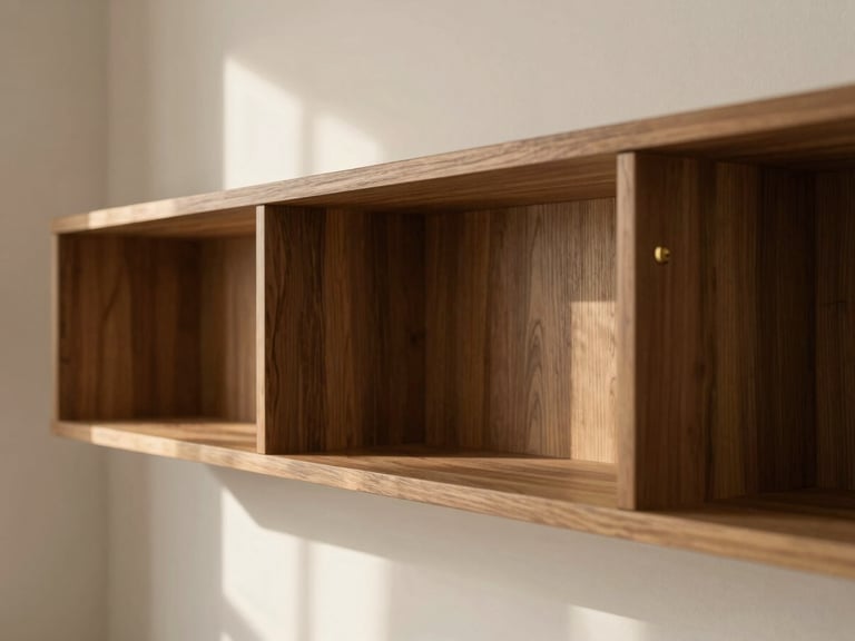 Close-up of bespoke teak shelving unit integrated into a wall, minimalist design, warm wood grain, subtle brass detailing, soft indirect light