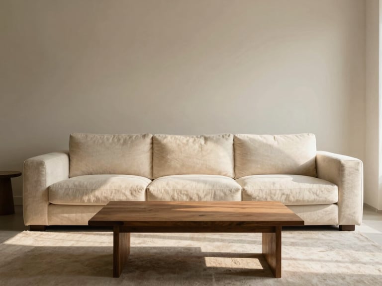 Wide-angle shot of a minimalist Indian living room, low-slung custom sofa in cream fabric, warm morning light, architectural lens, teak coffee table, soft shadows