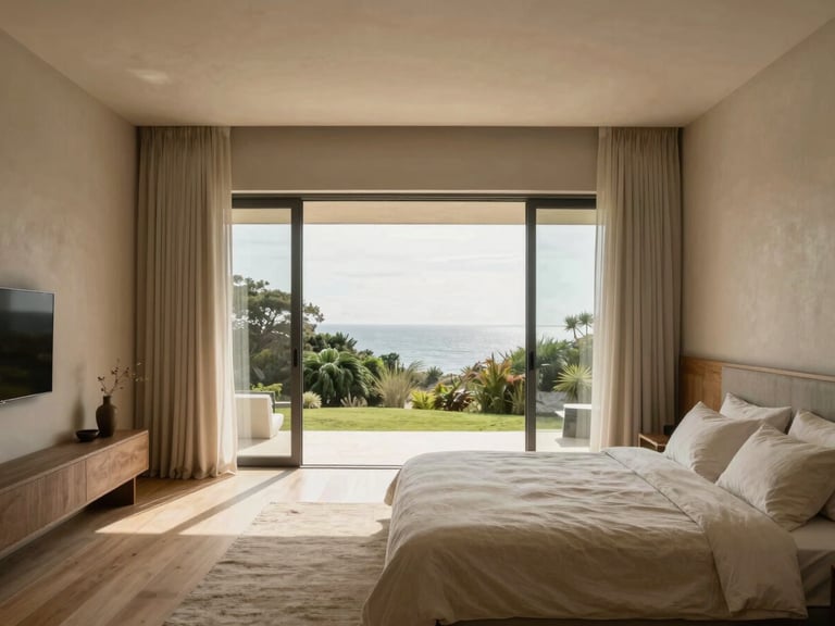 Wide-angle architectural shot of a minimalist master bedroom in a coastal villa, natural wood, linen textures, soft indirect morning light, expansive window overlooking lush greenery, cream and charcoal tones, 35mm lens, warm editorial interior photography.