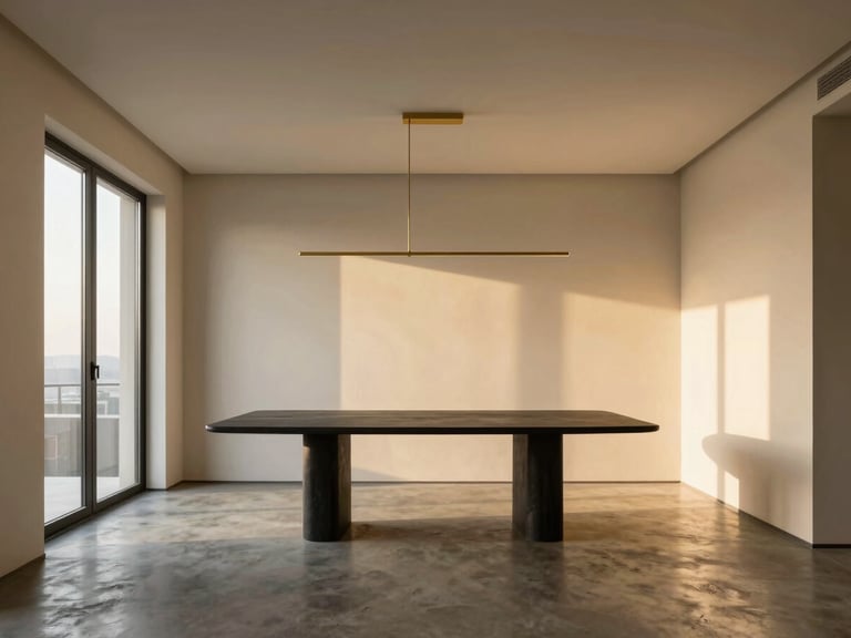 Wide-angle architectural shot of a minimalist dining area in a penthouse, custom brass light fixtures, polished concrete floor, warm golden-hour window shafts, charcoal dining table, cream walls, 35mm lens, warm editorial interior photography.