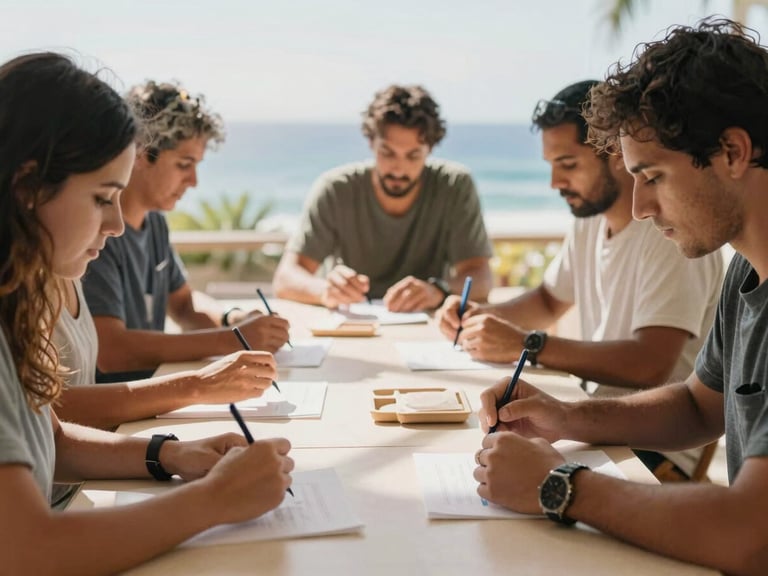 Warm editorial photography of a collaborative workshop in the Canary Islands, bright natural Atlantic daylight, people working together around a table with soft shadows, 35mm, shallow depth of field
