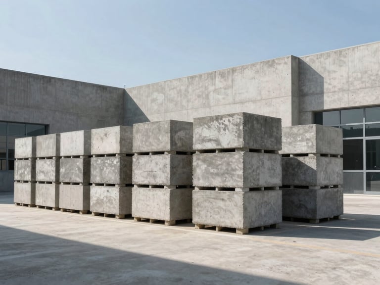 Straight-on architectural elevation shot of a modern concrete factory yard in Luque, stacks of large-format concrete foam blocks under harsh midday sun, sharp shadows, industrial minimalism