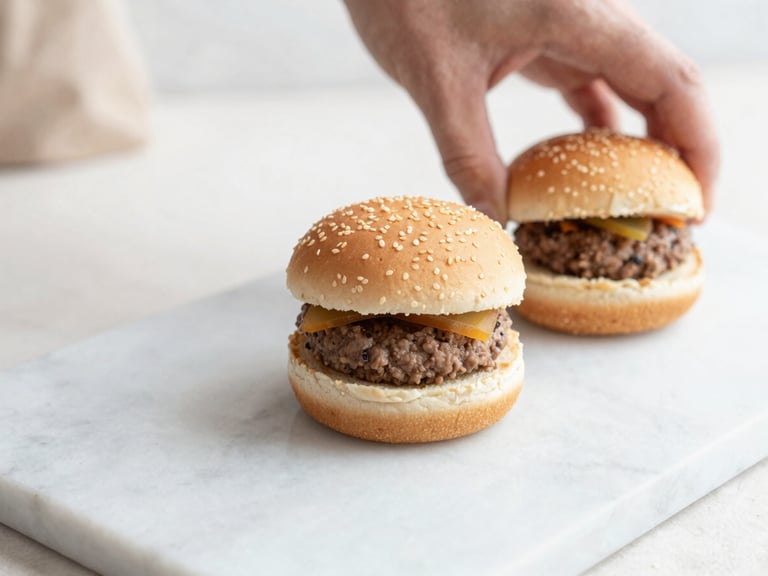 Close-up of an artisanal mini burger being assembled on a clean marble surface, soft daylight, shallow depth of field.