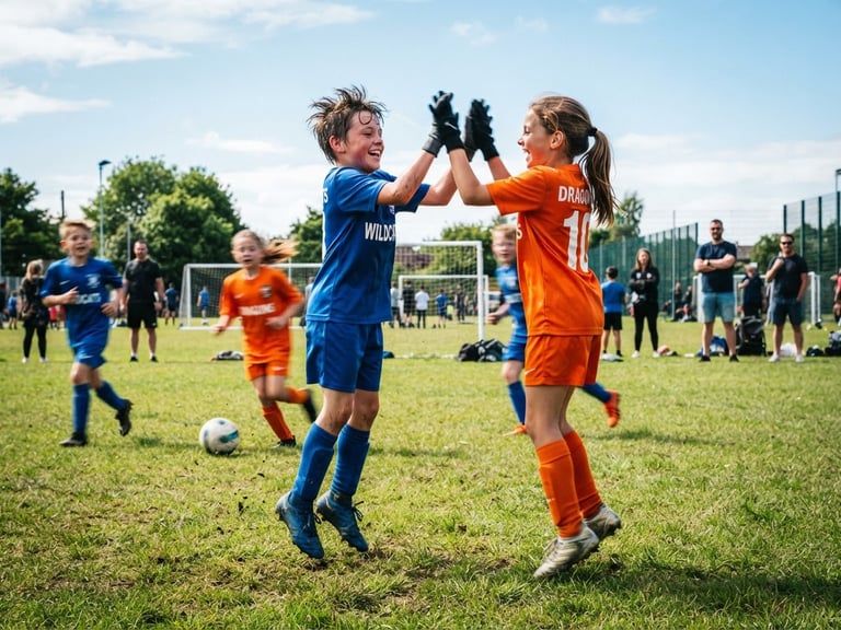 Dynamic low-angle action shot of local kids high-fiving during a soccer game on a vibrant grass field, bright natural daylight, 35mm.