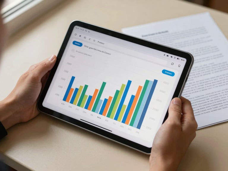 Overhead shot of two hands holding a tablet displaying a Zoom polling results screen — vivid bar chart responses clearly visible on screen. The tablet rests on a warm beige surface with a printed transcript document beside it. Even north-facing window light, no shadows on the screen. Energetic but professional color saturation.