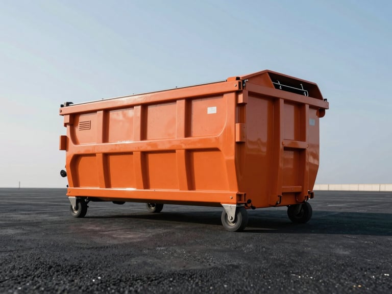 Low-angle architectural shot of a pristine safety-orange roll-off dumpster placed perfectly on fresh black asphalt, bright morning sunlight casting crisp shadows, clean background.