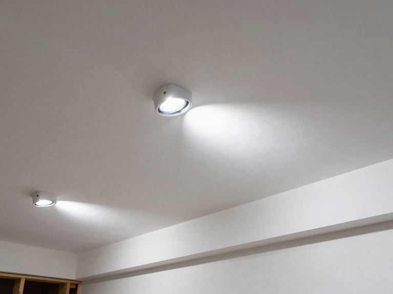 Perfectly smooth unpainted drywall seams under raking work lights, crisp jobsite photography
