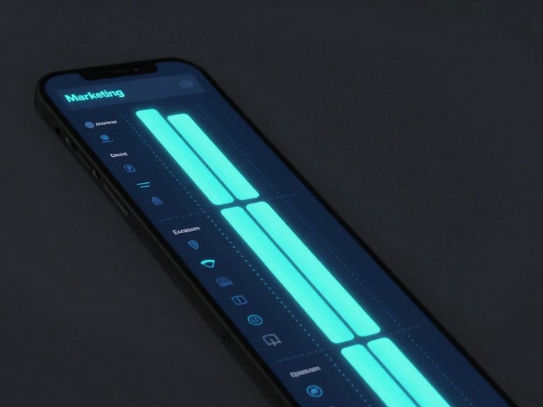 A high-fidelity digital UI mockup of a marketing analytics dashboard, glowing electric blue and neon mint data streams, close-up isometric angle, dramatic low-key lighting, charcoal background, 35mm photography