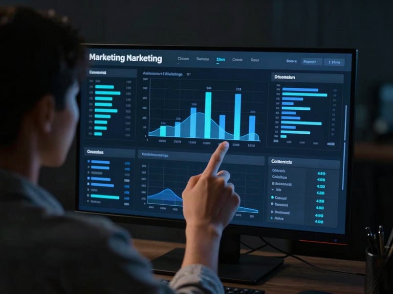Over-the-shoulder shot of a designer analyzing a digital marketing dashboard, glowing metrics, dark charcoal and electric blue tones, 35mm
