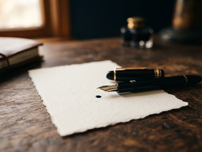 Close-up of high-quality fine paper with elegant typography, fountain pen resting on a dark wooden desk, soft warm side light, shallow depth of field