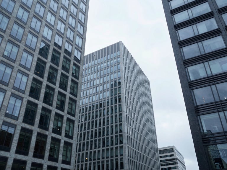 Low-angle architectural shot of Waterloo business district, clean modern glass facades, bright overcast daylight, cool slate tones, 35mm